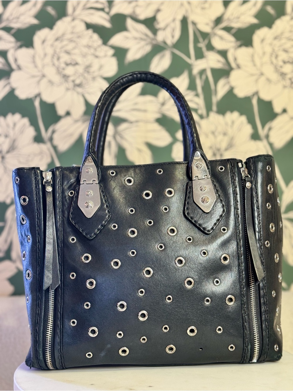 henri bendel Black Leather Moto Grommet Satchel with Crossbody Strap